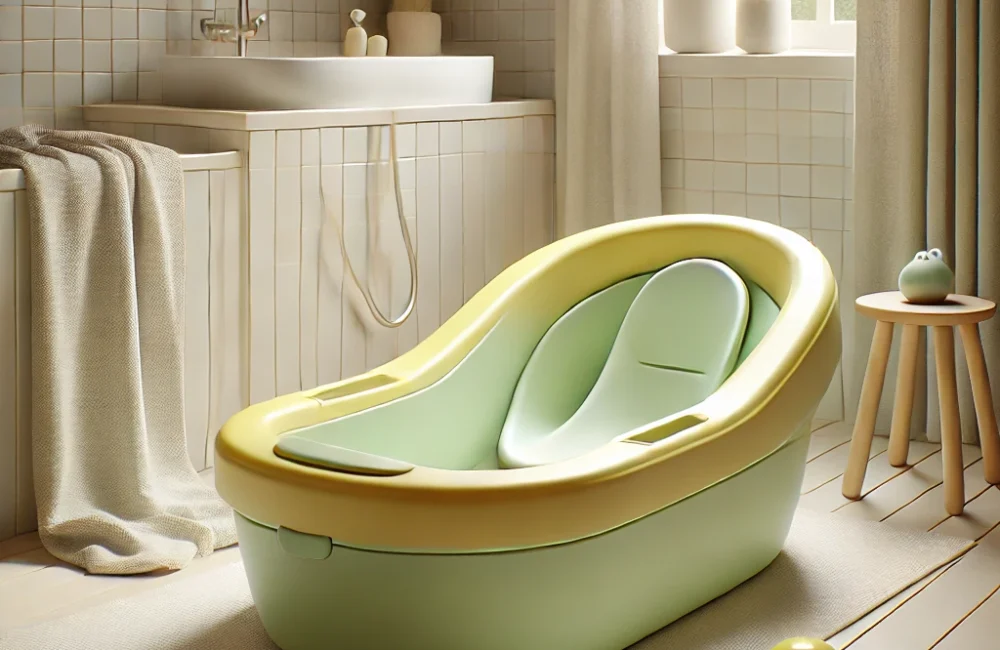 DALL·E 2024-10-14 17.13.04 - An ultra-realistic plastic baby bathtub, designed with ergonomic features in a solid bright color, like pastel yellow or soft green. The bathtub inclu